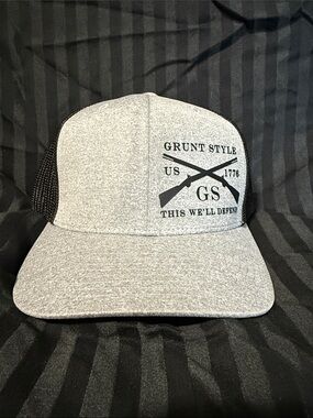 Grunt Style Gray Front Black Mesh Trucker Hat with Crossed Rifles